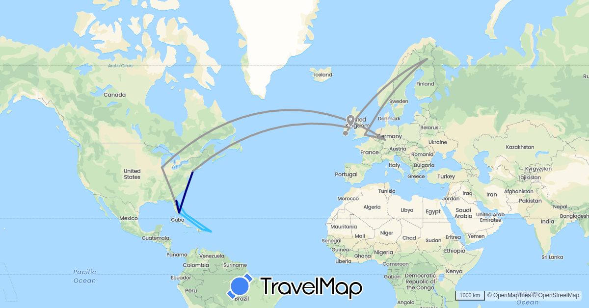 TravelMap itinerary: driving, plane, boat in Bahamas, Germany, Dominican Republic, Finland, United Kingdom, Ireland, United States (Europe, North America)